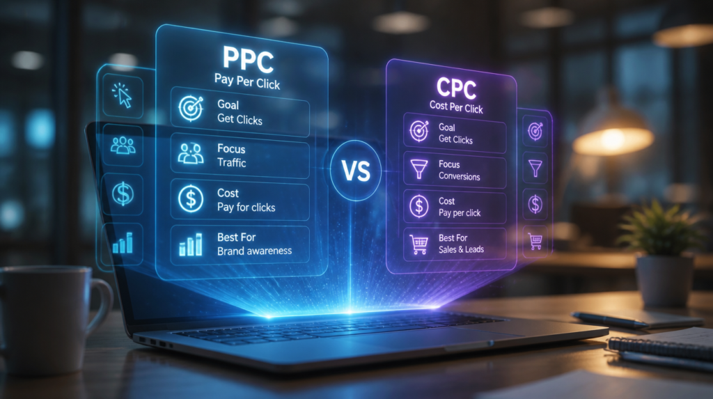 Key takeaways PPC is an advertising model; CPC is a pricing metric within that model. You run a PPC campaign, and you measure (and pay) its cost in CPC. Lower CPC means cheaper clicks, but conversions matter more than cheap clicks. The terms are related, not competing - you can't talk about one without the other. If you've spent any time around digital advertising, you've seen "PPC" and "CPC" used almost interchangeably - and it's genuinely confusing. They sound similar, they appear in the same conversations, and plenty of people mix them up. But they mean different things, and understanding the difference makes you a smarter advertiser. This guide clears it up in plain language.