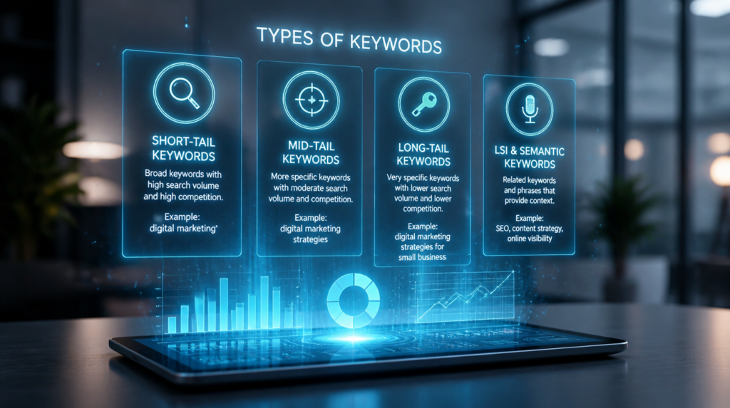 Key takeaways Keywords are grouped mainly by length and by search intent. Long-tail keywords are easier to rank for and convert better than short-tail. Intent matters most - match your content to what the searcher wants. Transactional and commercial keywords drive sales; informational keywords build traffic. A smart strategy uses a mix of all keyword types. Keyword research is the foundation of SEO - but the jargon can be overwhelming. Short-tail, long-tail, LSI, transactional... what does it all mean, and which keywords should you actually target? This complete guide explains every major keyword type with real examples, so you can build a strategy that ranks and converts.